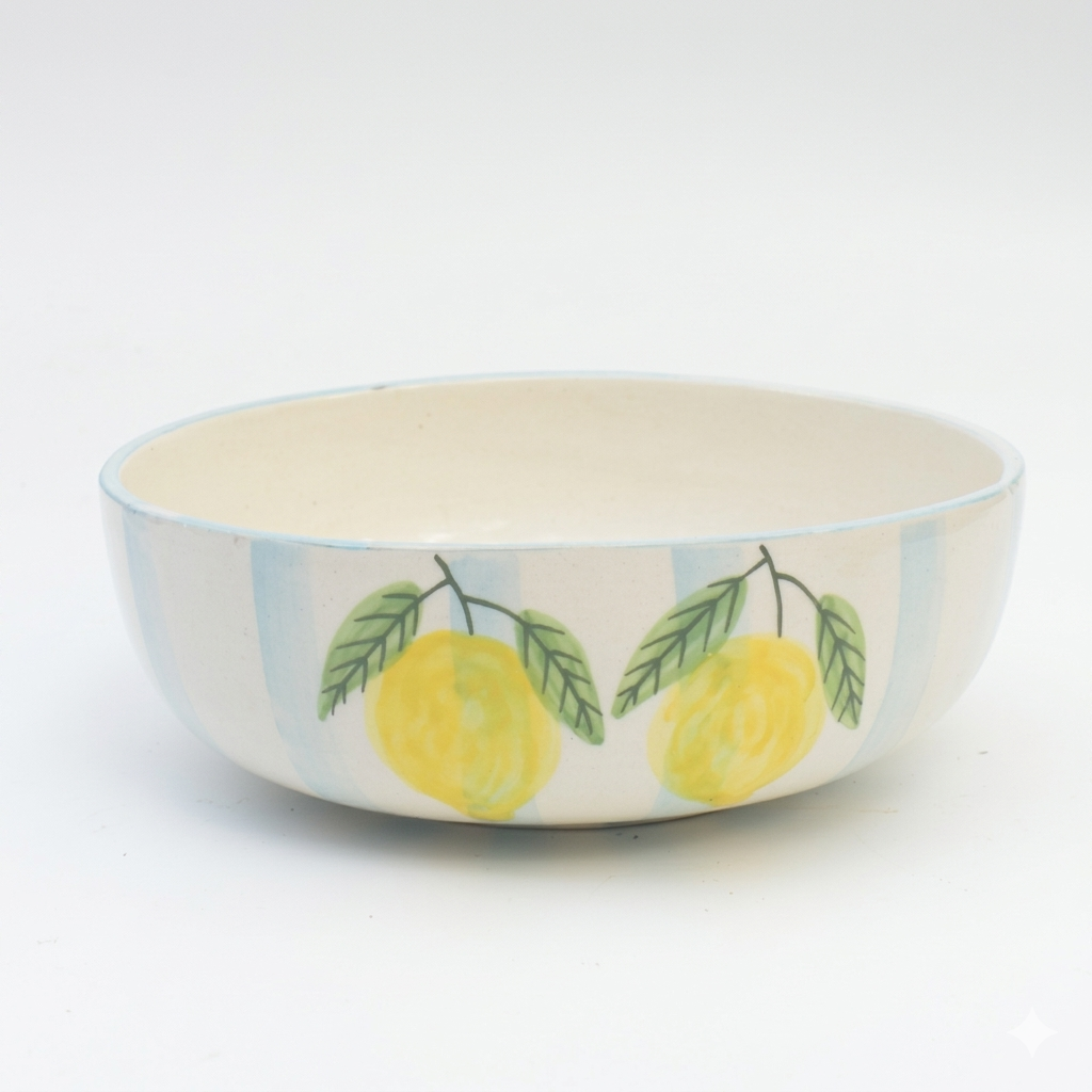 Lemon stripe handcrafted ceramic large bowl for serving salads, pasta and fruits