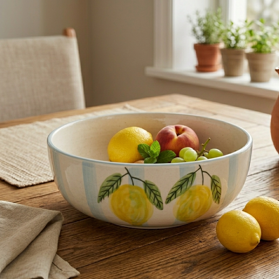 Lemon Stripe Elegance Ceramic Bowl - Large