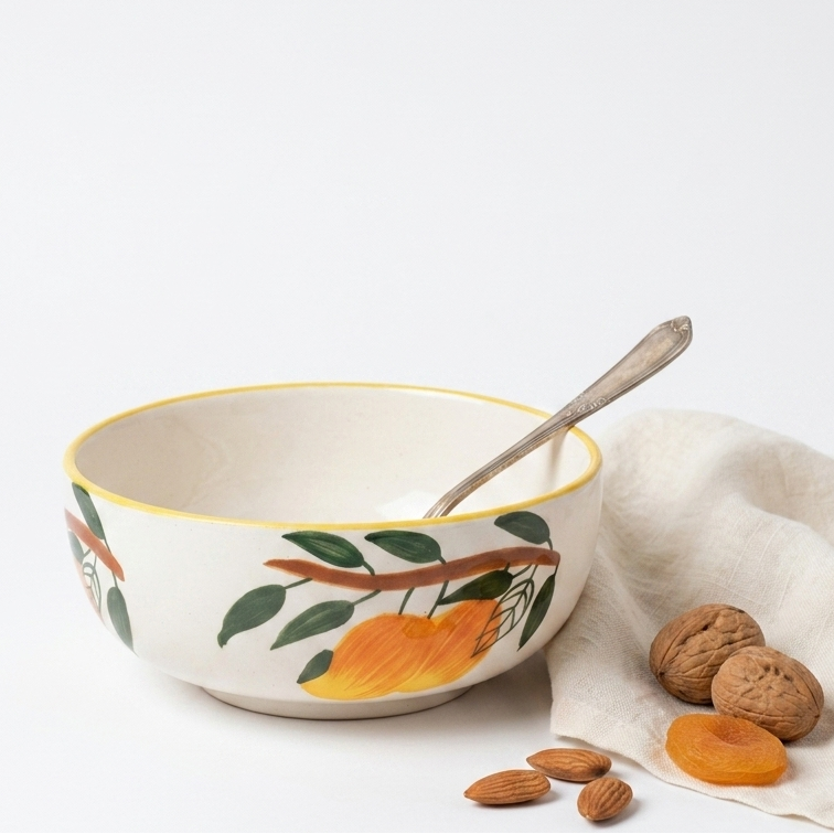 A white ceramic bowl decorated with a painted orange and green leaf motif, with a silver spoon inside. The bowl is styled on a white surface next to a beige cloth, almonds, and walnuts.
