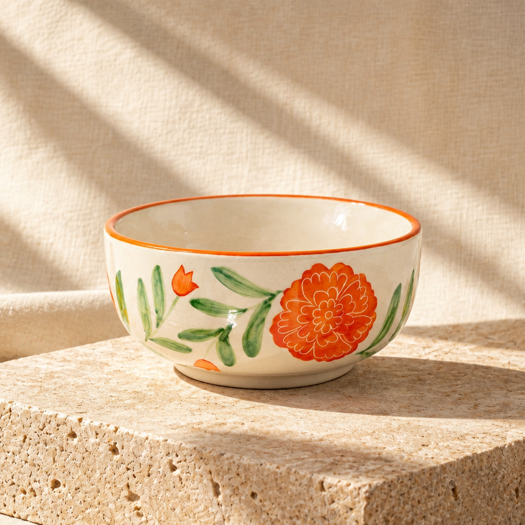 A ceramic bowl filled with nuts and dried fruit, styled on a white surface with orange flowers, a spoon, and folded beige cloth in a bright studio setting.