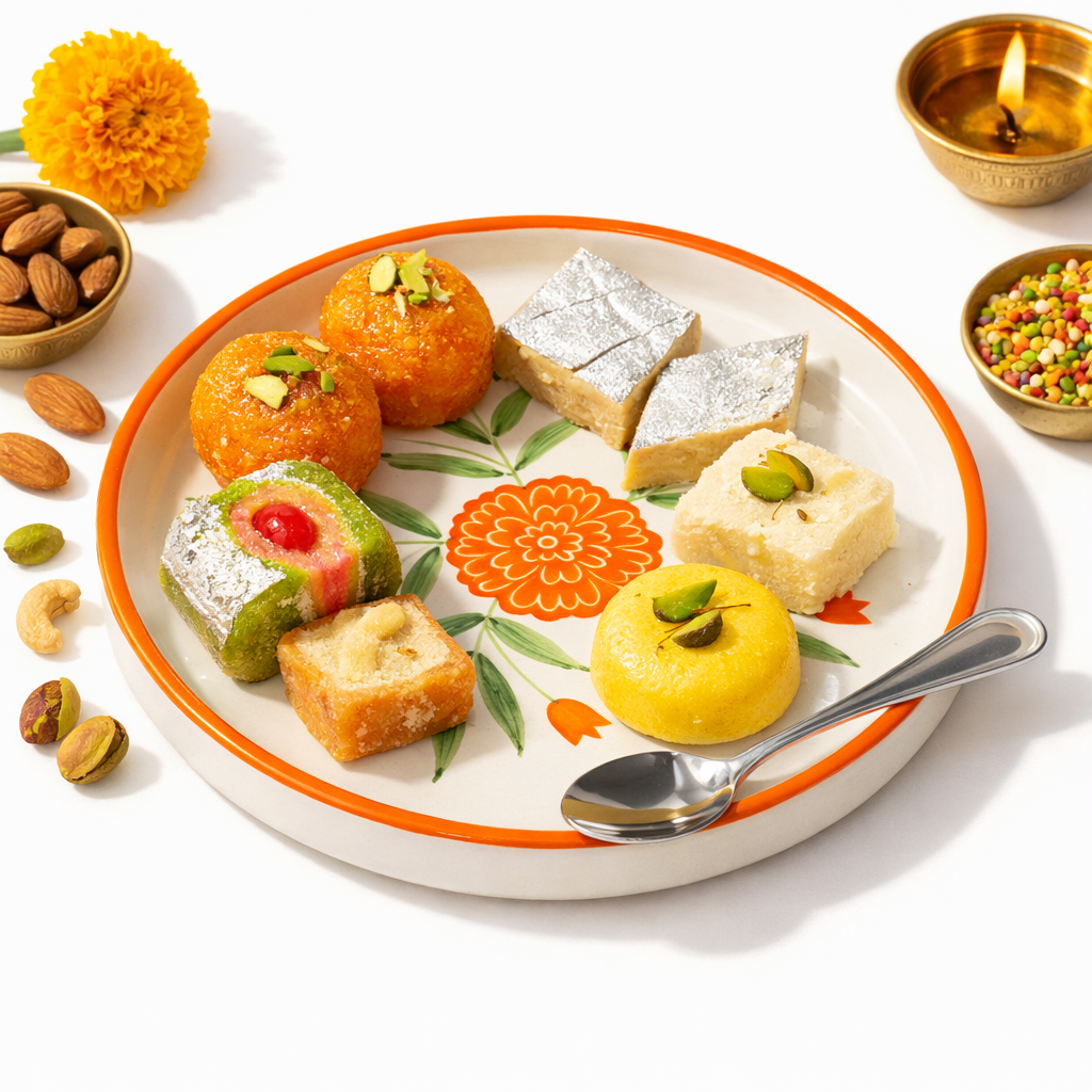 Assorted sweets on a decorative plate with a spoon, surrounded by nuts and a flower, on a white background.