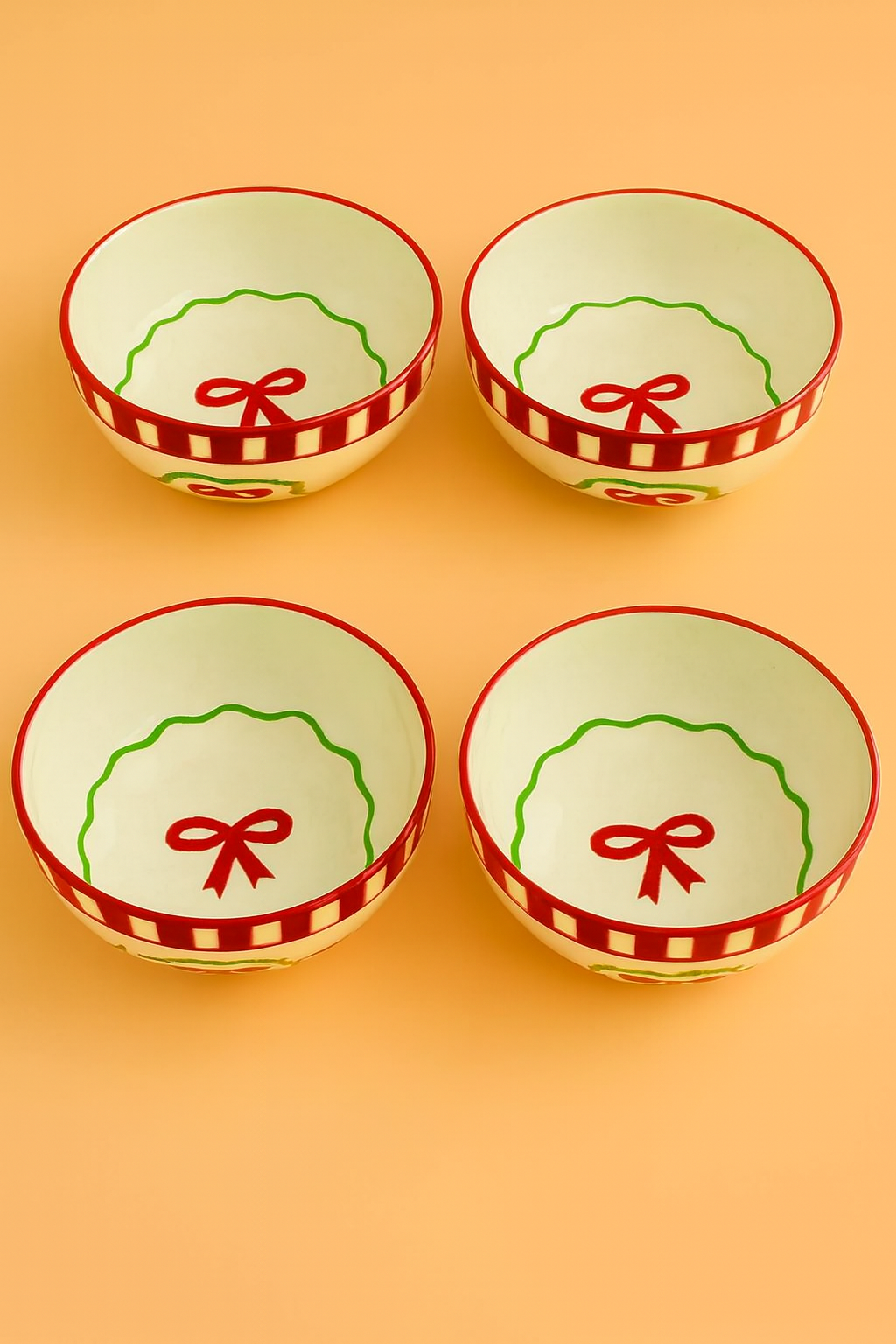 Set - Candy Cane Red Bow Ceramic Small Bowl