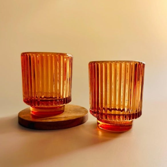 Minimal Modern Fluted Glass Amber Tealight Holder - Nurture India