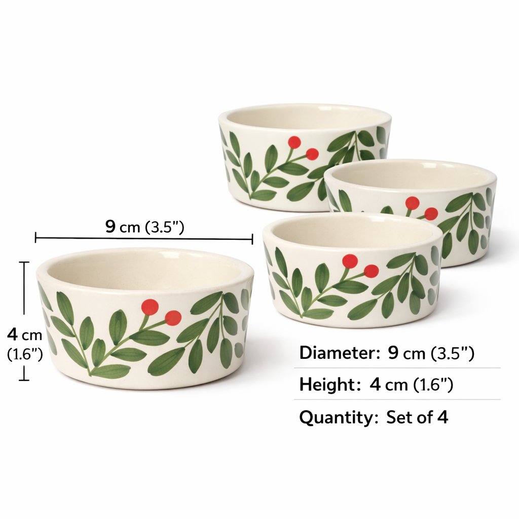Set of four small ceramic bowls with holly design and measurements on a white background