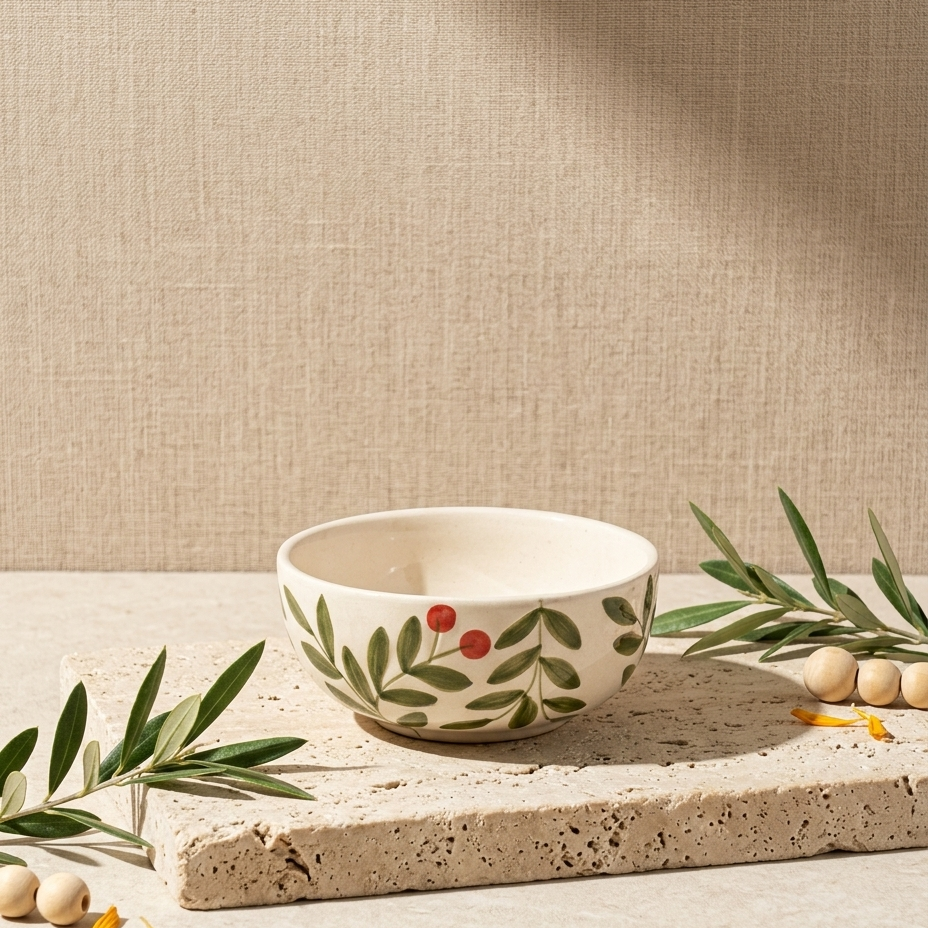 A cream-colored ceramic bowl decorated with green leaves and small red berries, styled on a textured stone slab with olive branches and dried chickpeas against a linen backdrop.