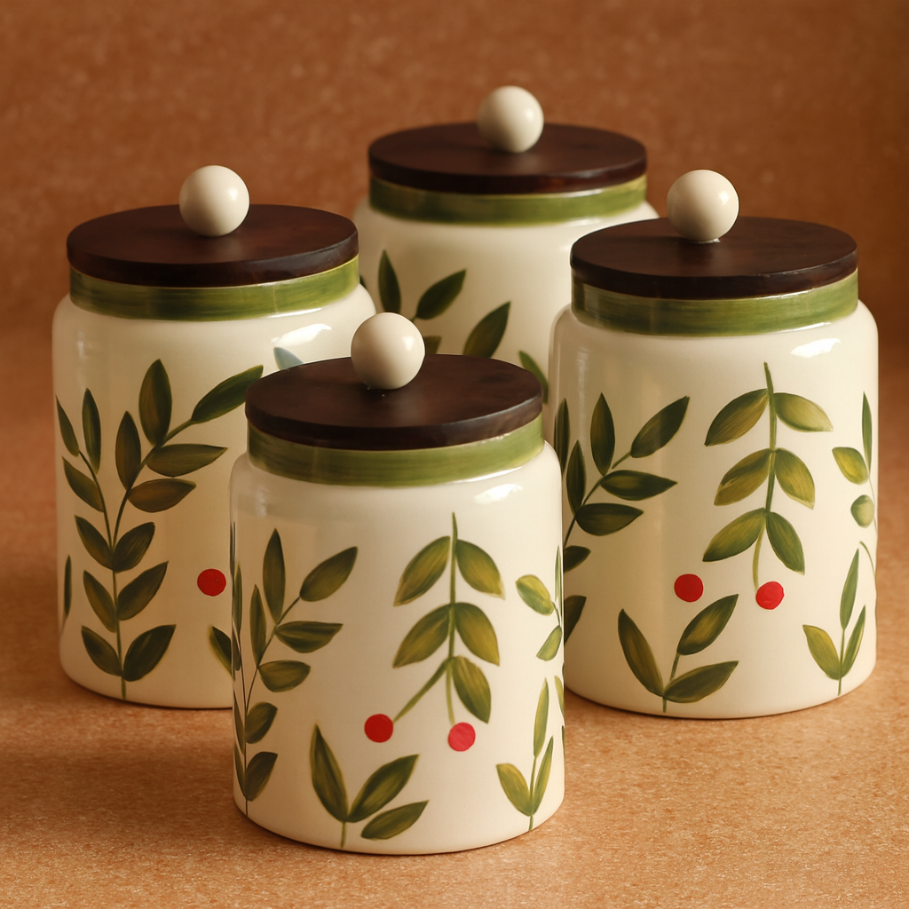 Set of four ceramic canisters with leaf and berry design on a brown background