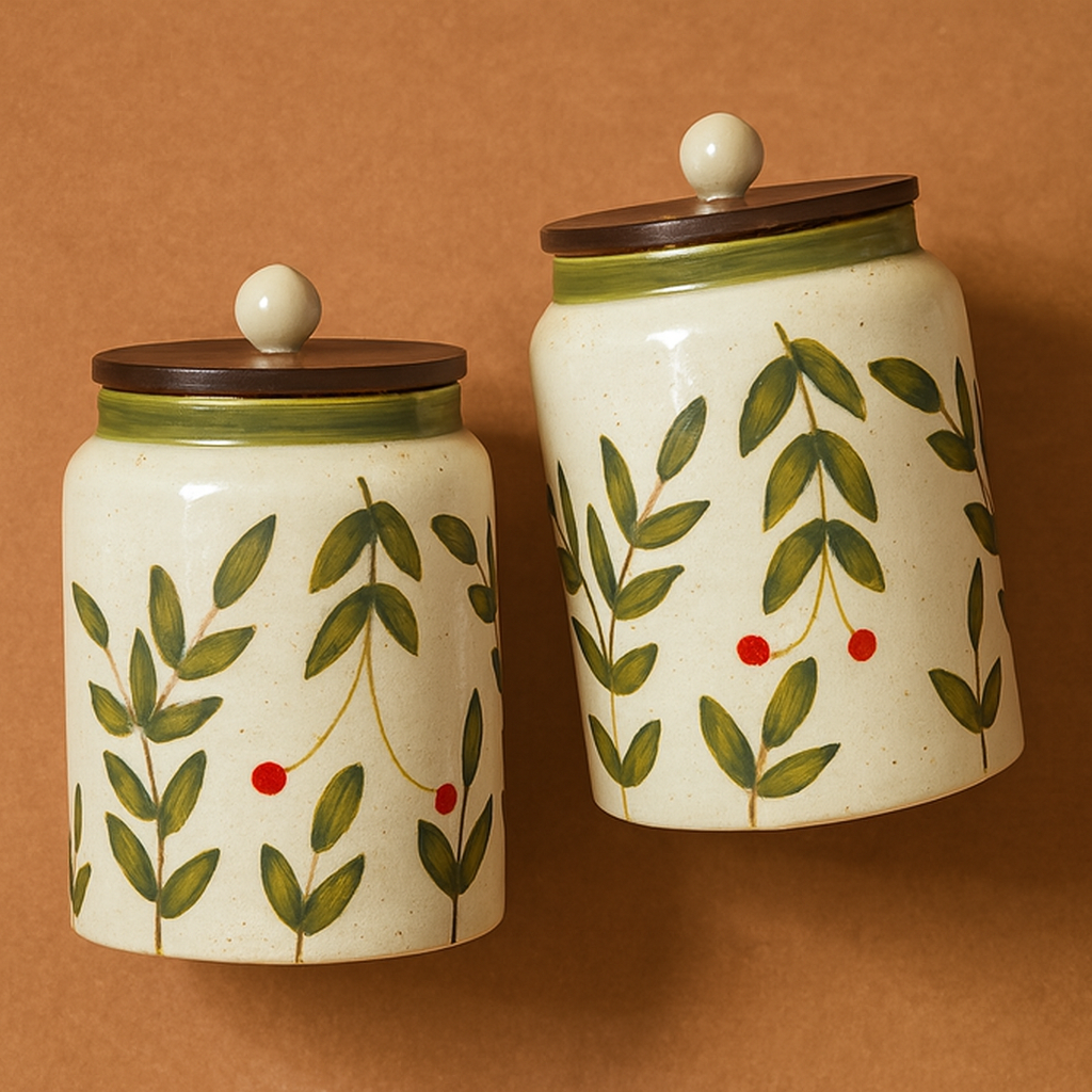 Two ceramic jars with leaf and berry design on a brown background