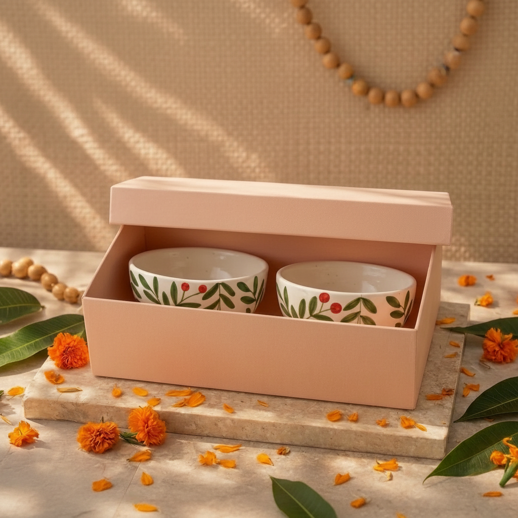 Two small white ceramic bowls with green leaf and red berry patterns, presented inside an open blush pink box on a stone surface with orange marigold flowers and green leaves around them.