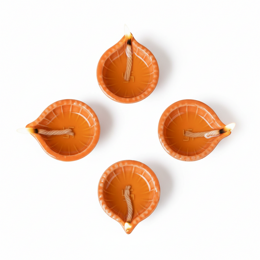 Orange Swastik Clay Diyas - Set of 4