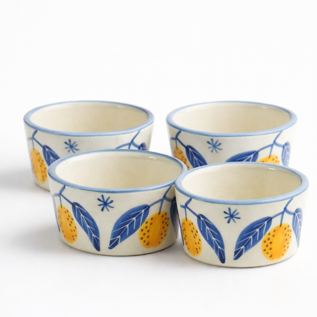 Set of four ceramic ramekins with leaf and star pattern on a white background