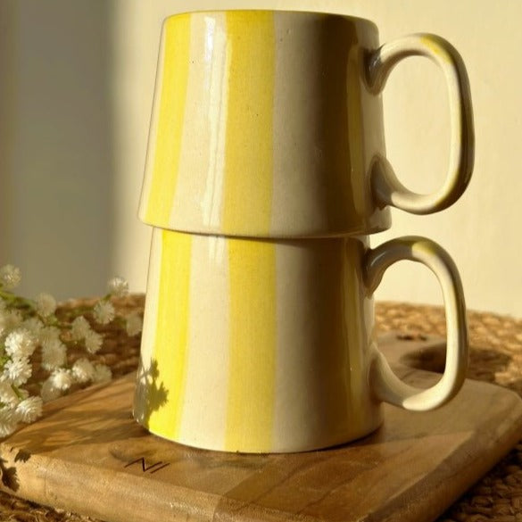 Pastel Yellow Stripe Ceramic Coffee Cup - 220ml Capacity - Nurture India