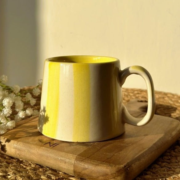 Pastel Yellow Stripe Ceramic Coffee Cup - 220ml Capacity - Nurture India