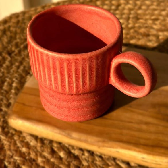 Pink Ceramic Coffee Cup - 230ml Fluted Design, Durable & Playful - Nurture India