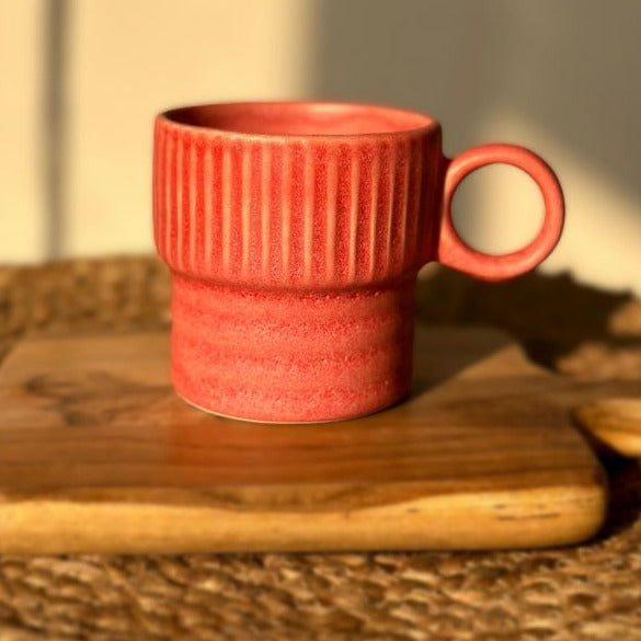 Pink Ceramic Coffee Cup - 230ml Fluted Design, Durable & Playful - Nurture India