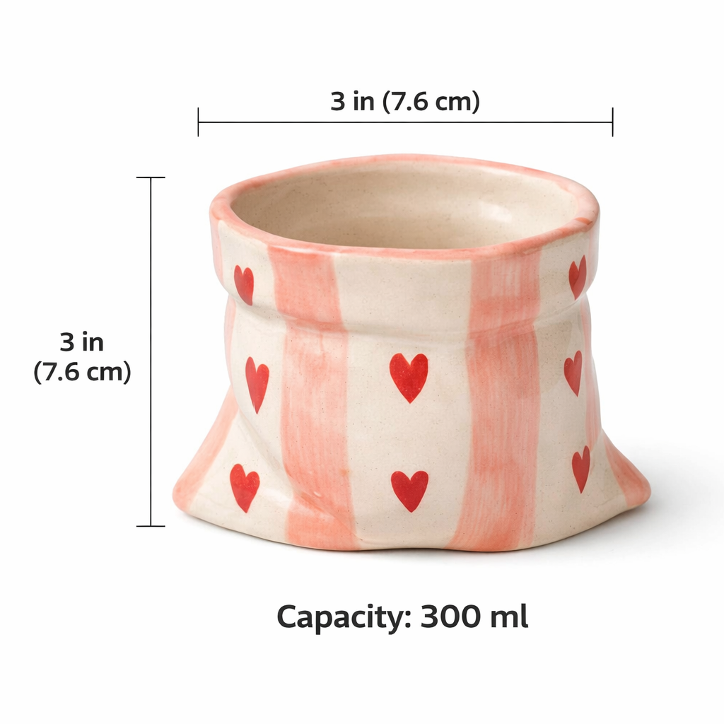 Pouch Shape White Ceramic Tumbler With Hearts (300 ml )