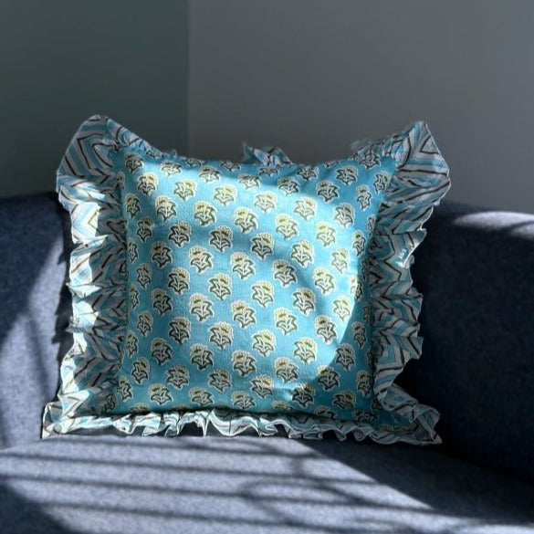 Powder Blue Floral Ruffle Cushion Cover 16x16 - Nurture India