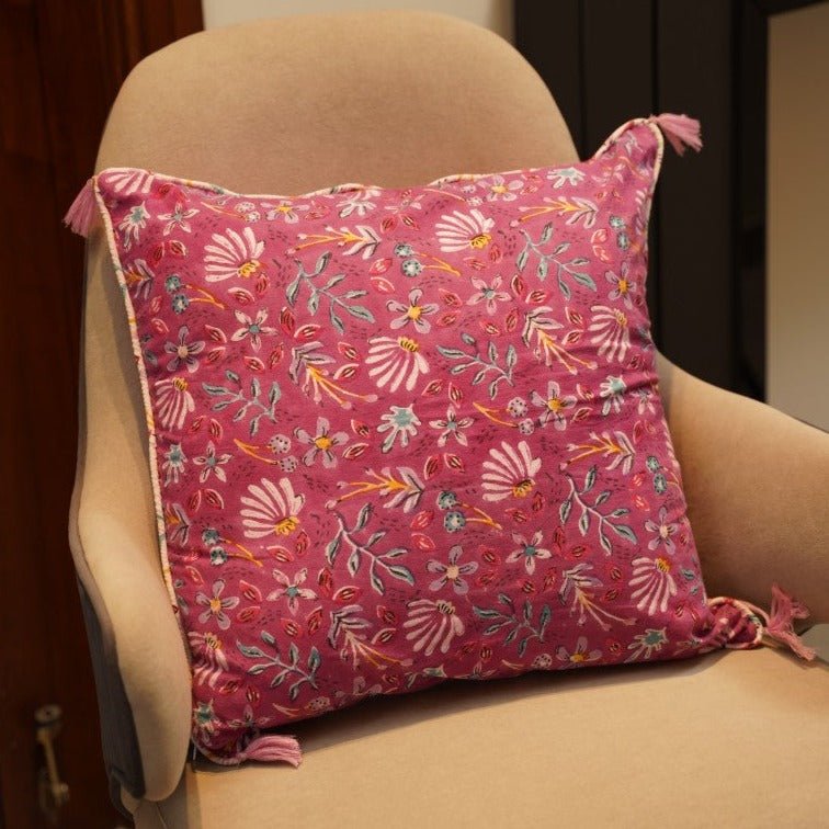 Purple Floral Accent Tassel Cushion Cover ( 20x20 ) - Nurture India