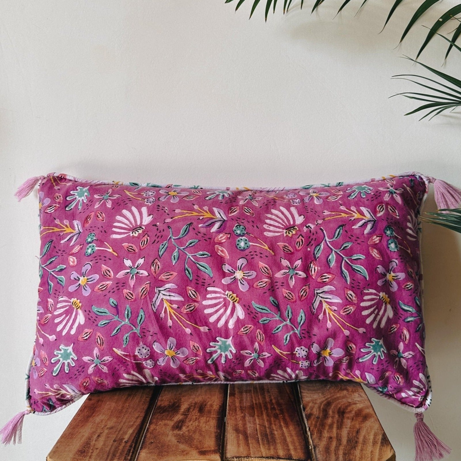 Purple Flower Trail Handblockprinted Lumbar Cushion Cover - Nurture India