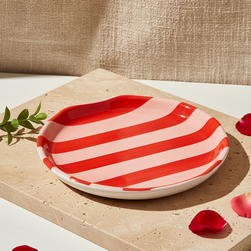Red and white striped ceramic plate on a white background