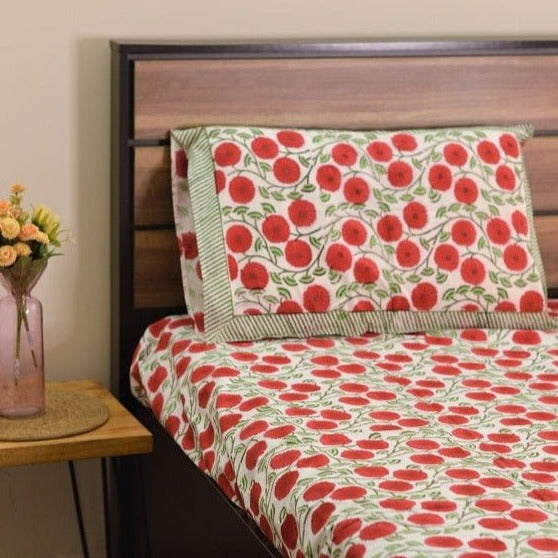Red Hibiscus Handblock Printed Double Bedsheet With Pillow Covers - Nurture India