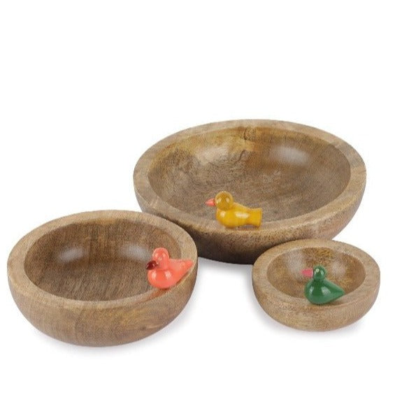Round Wooden Bowls with Birdie Figurine Set of 3 (Assorted Birds) - Nurture India