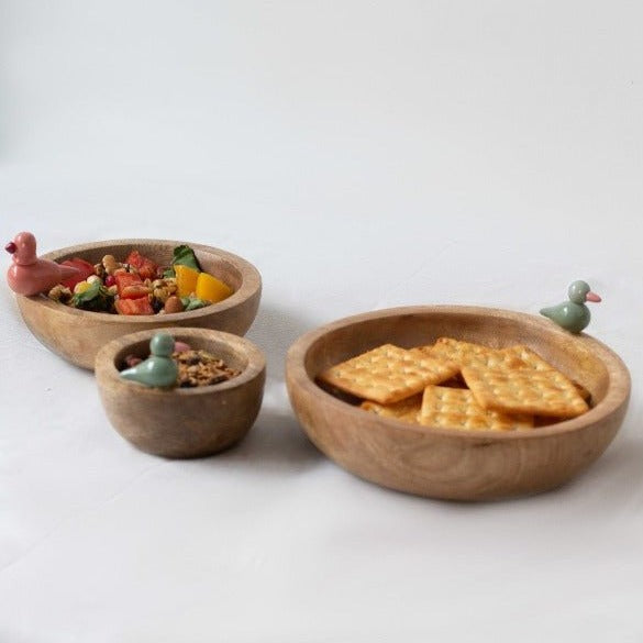 Round Wooden Bowls with Birdie Figurine Set of 3 (Assorted Birds) - Nurture India