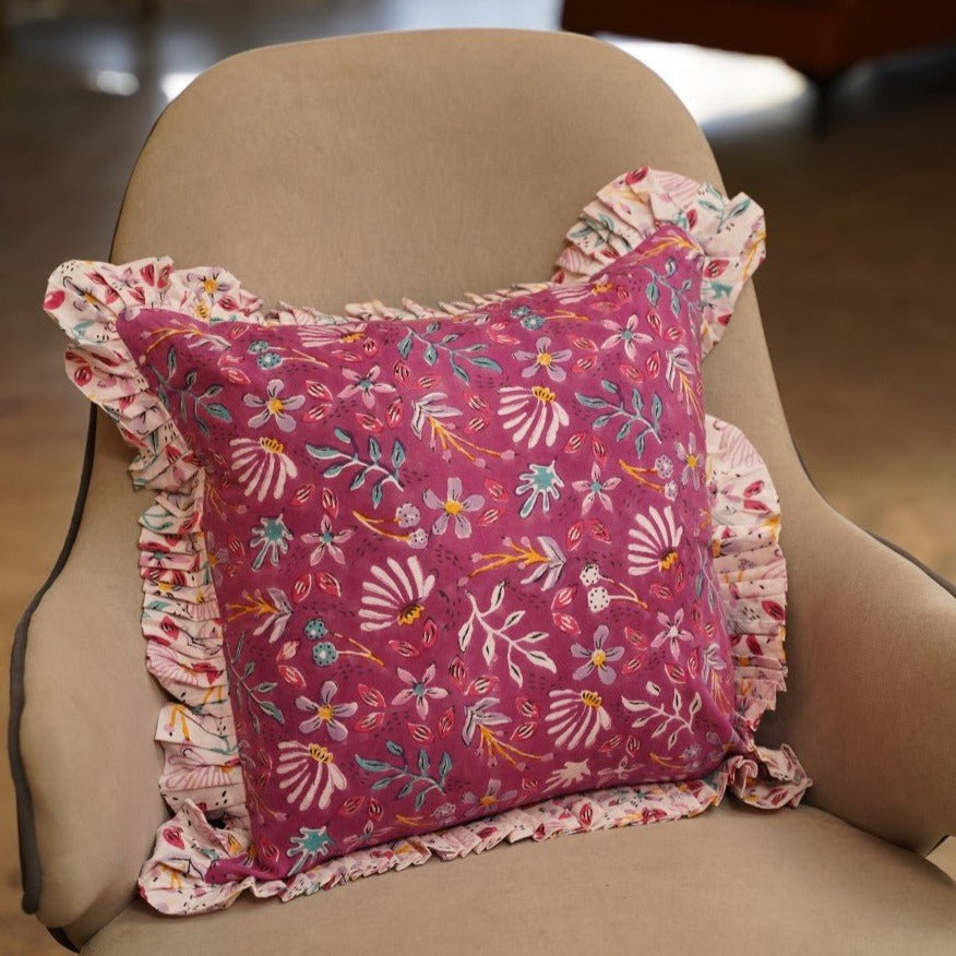 Ruffles Purple Floral Cushion Cover (16x16) - Nurture India