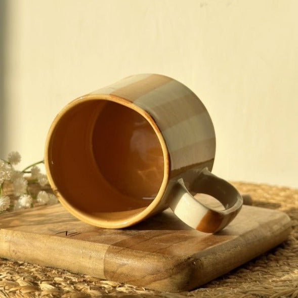 Sandy Brown Stripe Ceramic Coffee Cup - 220ml Capacity - Nurture India