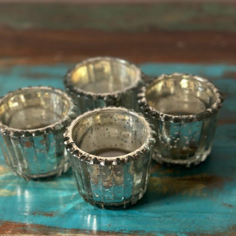 Scalloped Silver Antique Glass Tealight Candle Holder - Nurture India