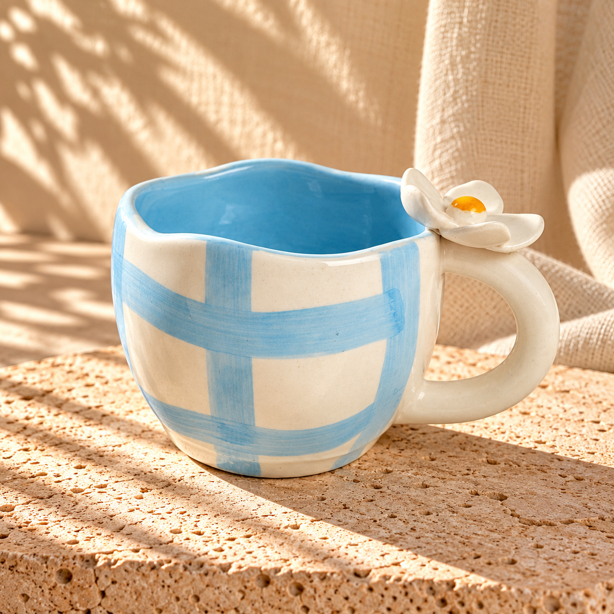 Sky Blue Ceramic Mug with 3D Flower Handle (220 ml )