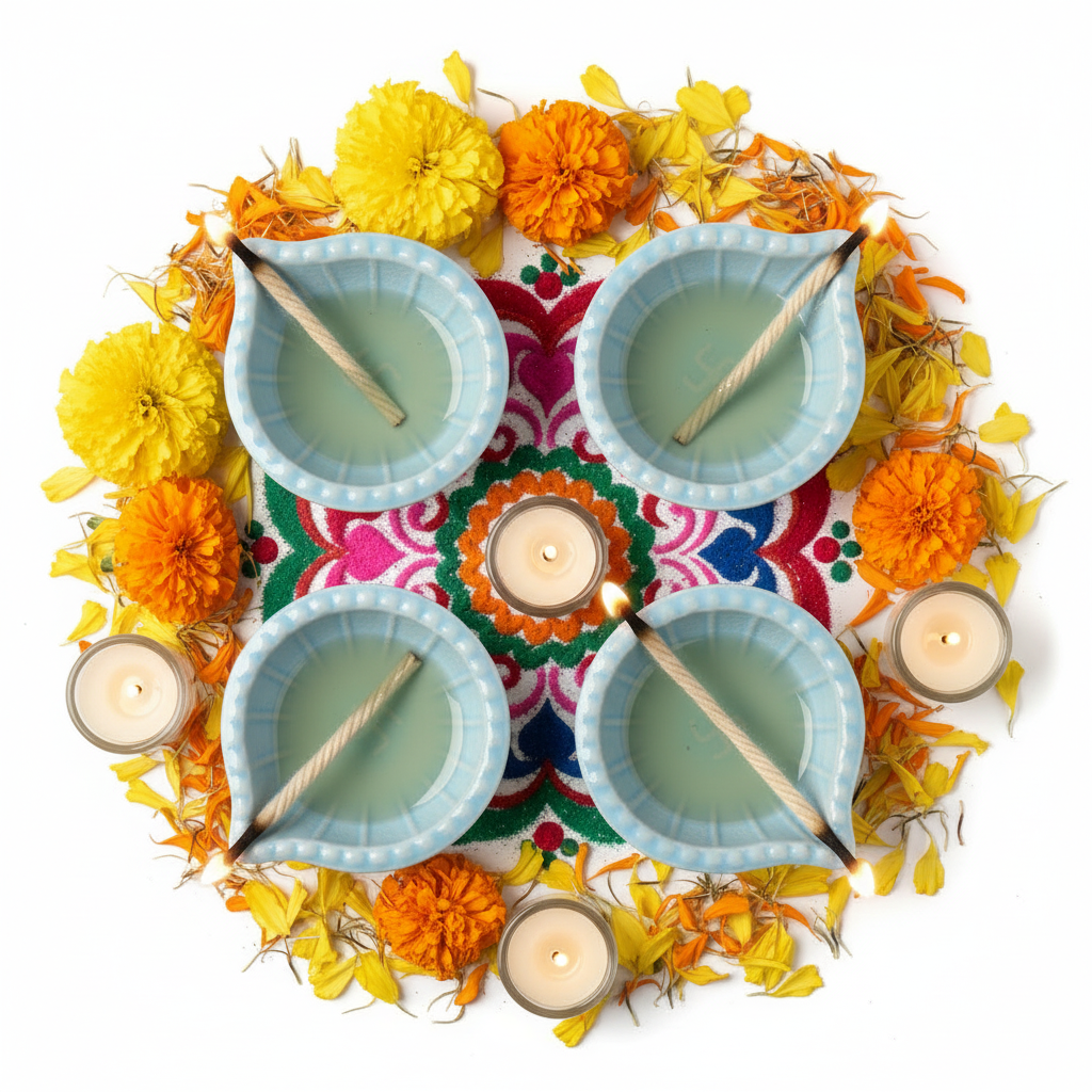 Sky Blue Swastik Clay Diyas - Set of 4