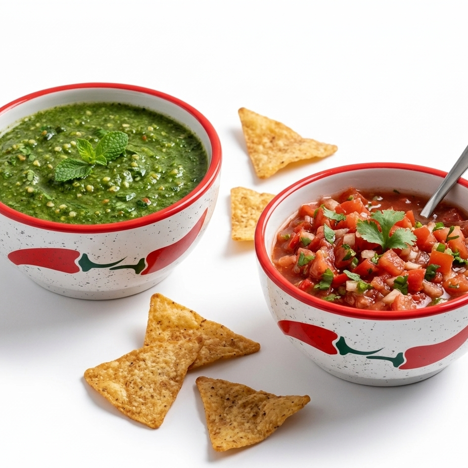 Two bowls of salsa with tortilla chips on a white background