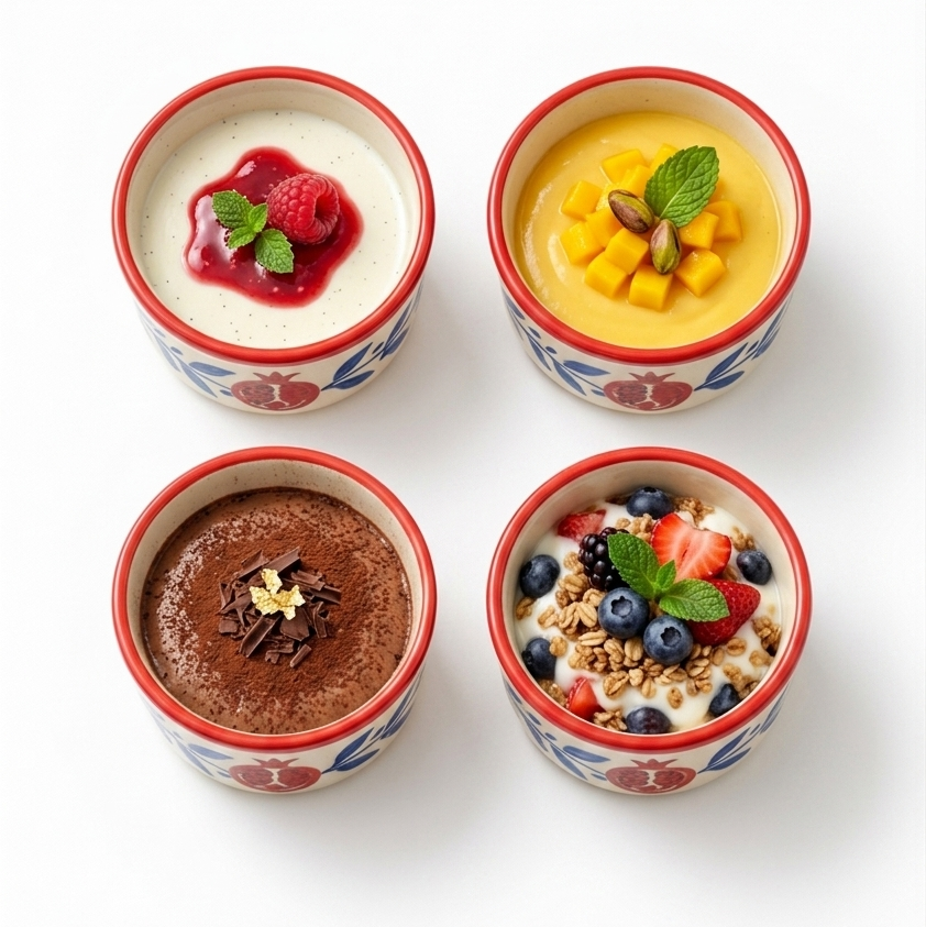 Four small dessert bowls with various toppings on a white background