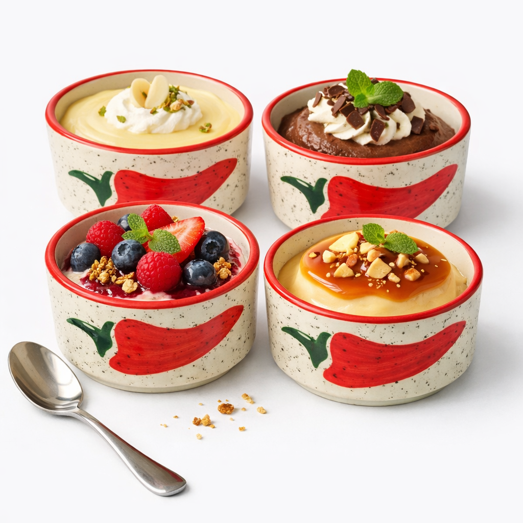 Four dessert bowls with red pepper design on a white background