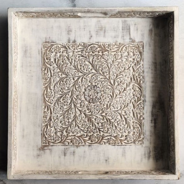 Square White Vintage Breakfast Tray With Engraving - Nurture India