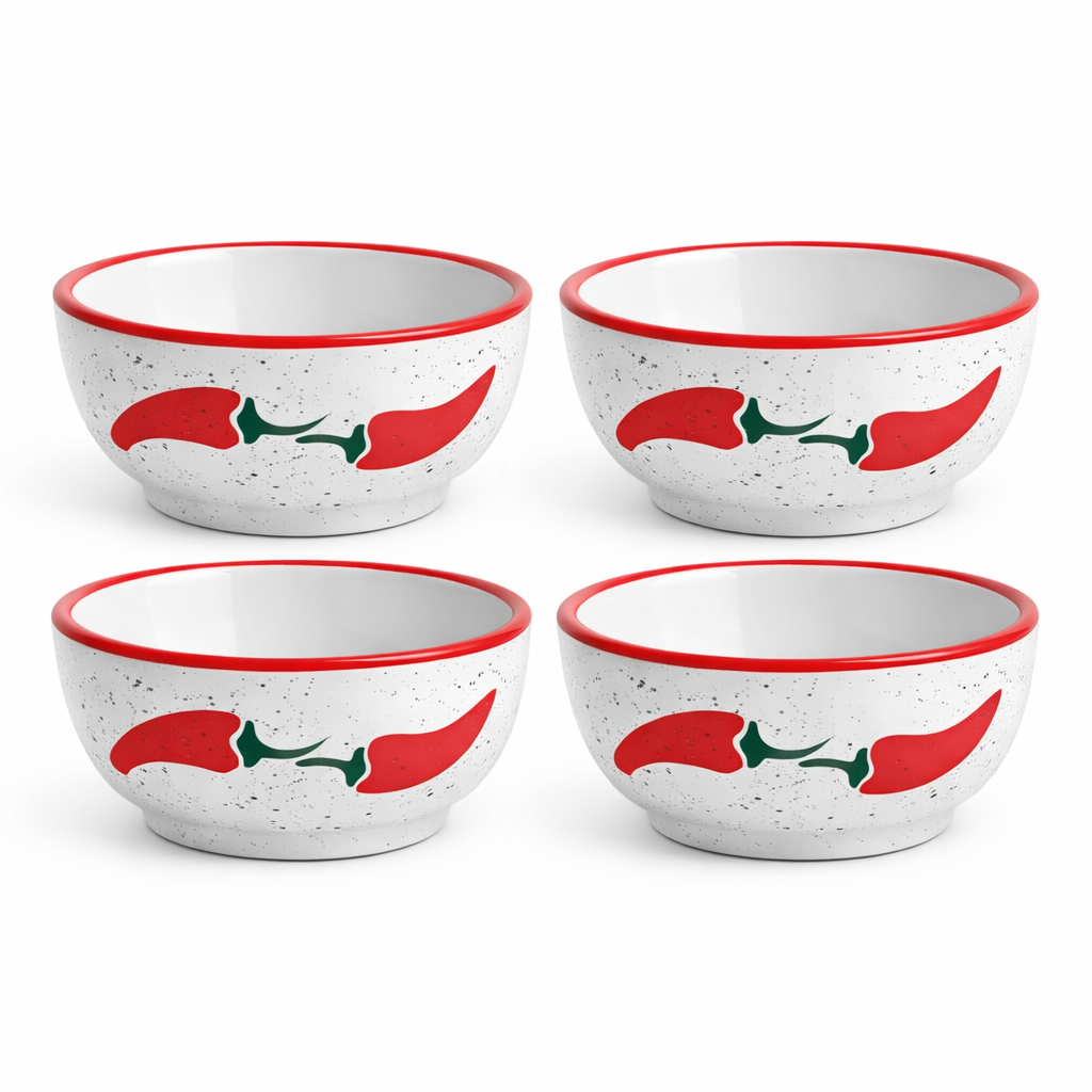 Four ceramic bowls with red rims and chili pepper design on a white background