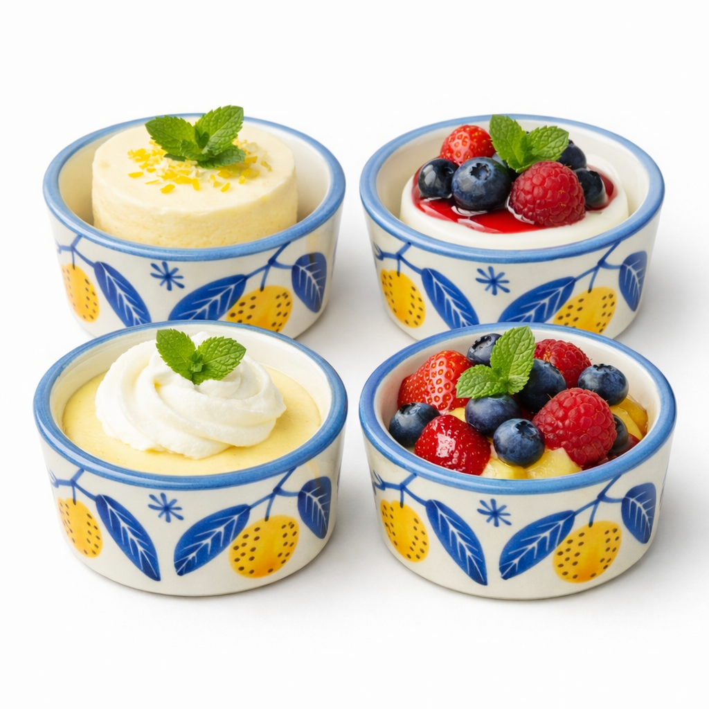 Four small dessert bowls with fruit and whipped cream on a white background