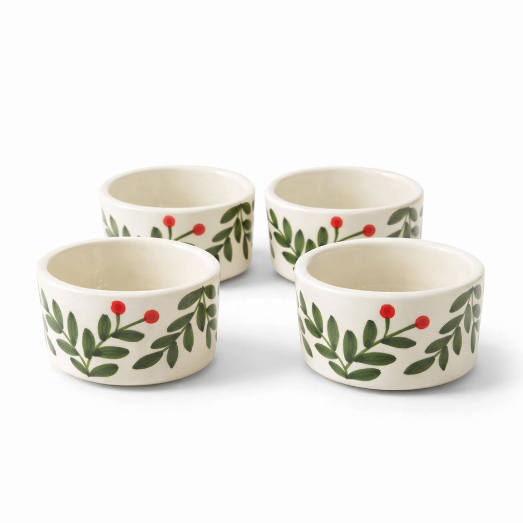 Four ceramic bowls with festive design on a white background