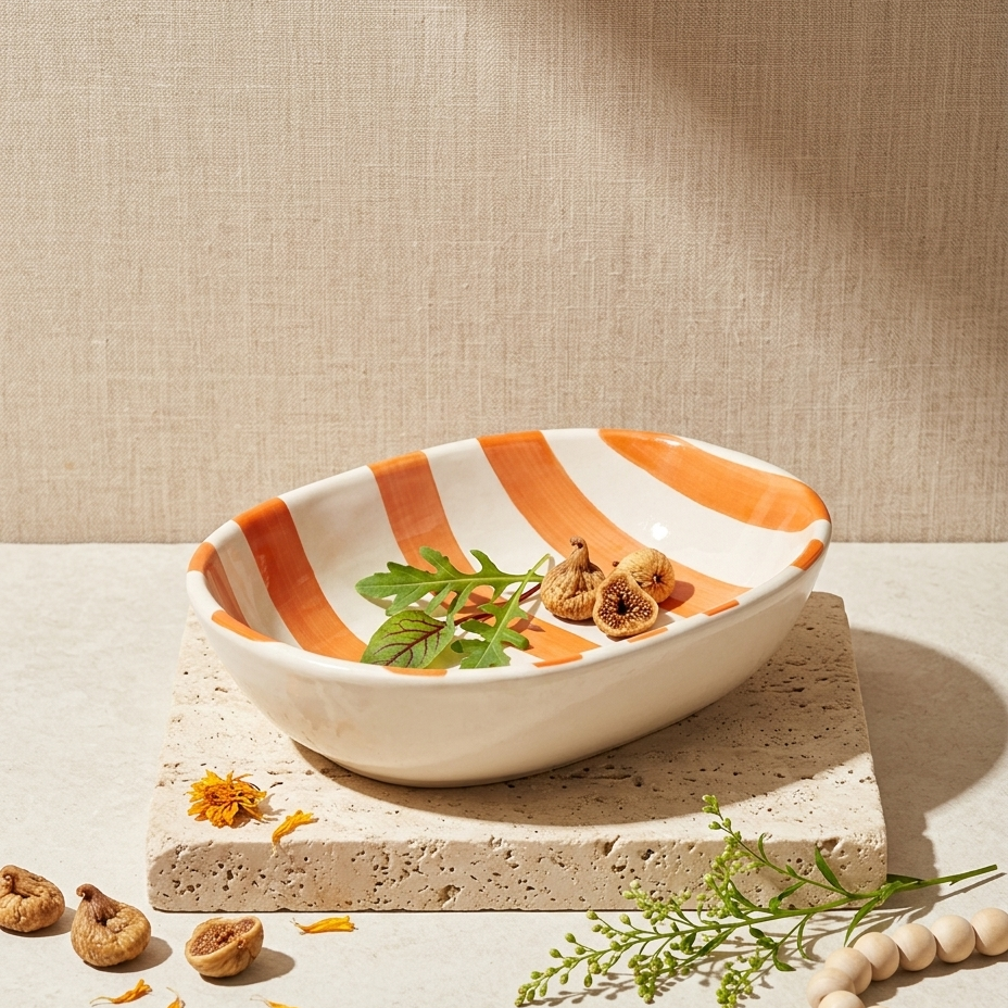 An oval ceramic bowl with orange and white stripes, styled on a textured stone slab with dried figs, green leaves, and wooden beads against a linen backdrop.