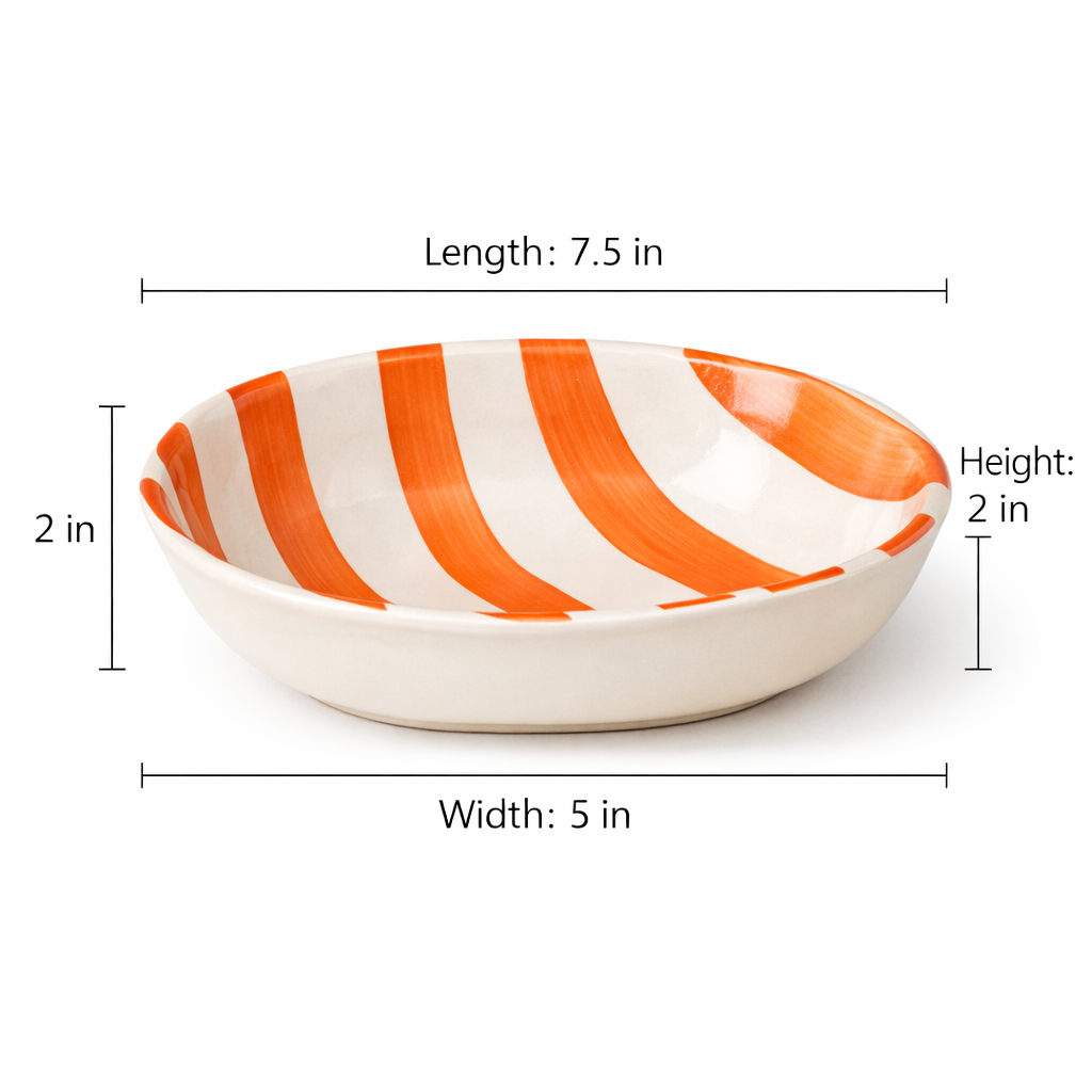 Ceramic bowl with orange and white stripes and measurements on a white background