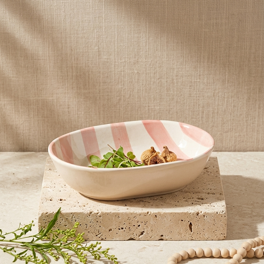 A shallow oval ceramic bowl with pink and cream horizontal stripes, containing green herbs and small dried mushrooms, styled on a textured stone block with a linen backdrop.