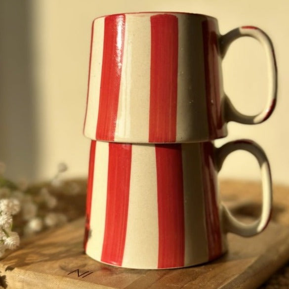 Vintage Red Stripe Ceramic Coffee Cup - 220ml Capacity - Nurture India