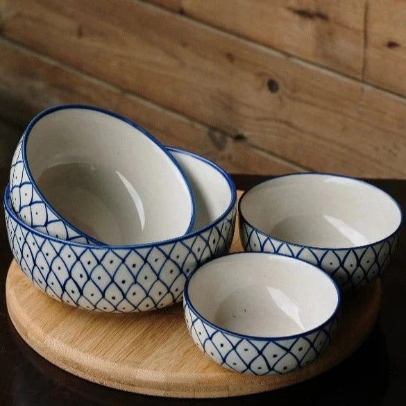 White and Blue Ceramic Bowl Set 4 - Nurture India