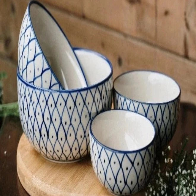 White and Blue Ceramic Bowl Set 4 - Nurture India