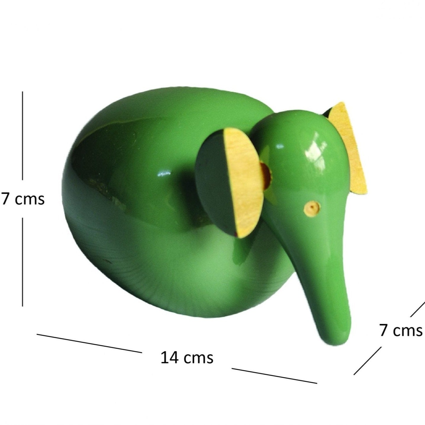 a green toy elephant with a yellow ear