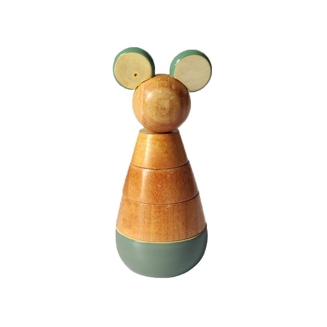 a wooden toy with a mouse on top of it