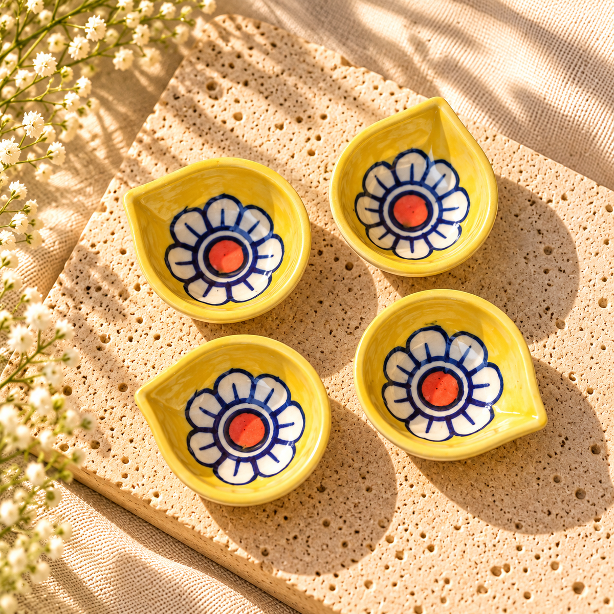 Yellow Bloom Ceramic Diya's Set of 4