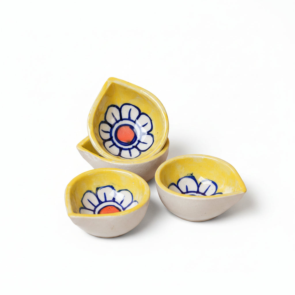 Yellow Bloom Ceramic Diya's Set of 4