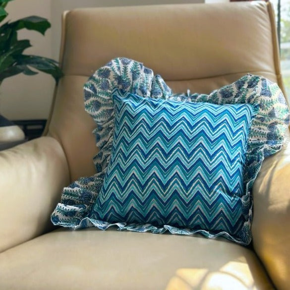 Zigzag Blue Stripe Ruffle Cushion Cover 16x16 - Nurture India