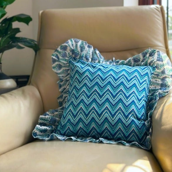 Zigzag Blue Stripe Ruffle Cushion Cover 16x16 - Nurture India